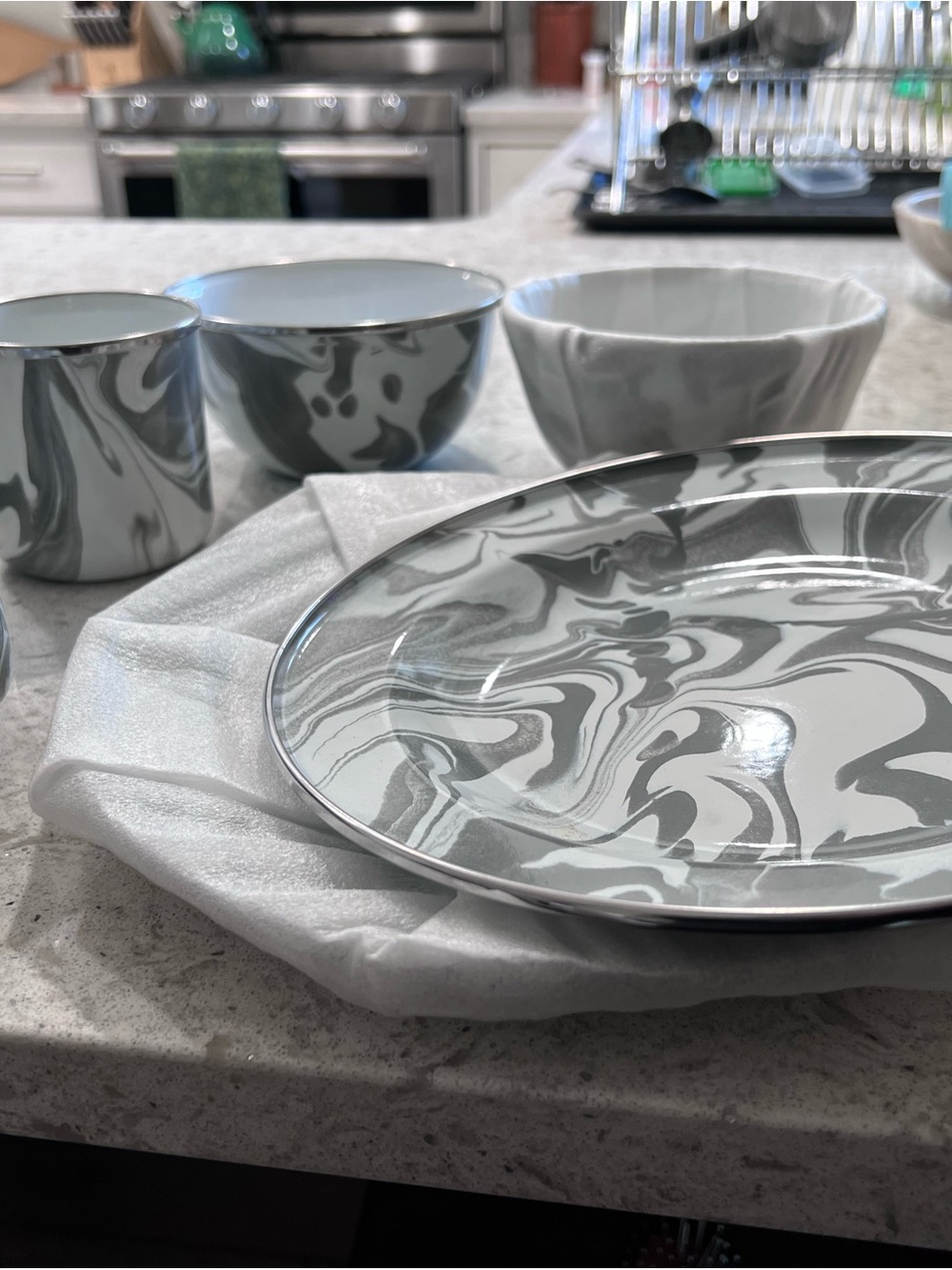 Pottery Barn Gray & White Marble Enamel Dinnerware Set